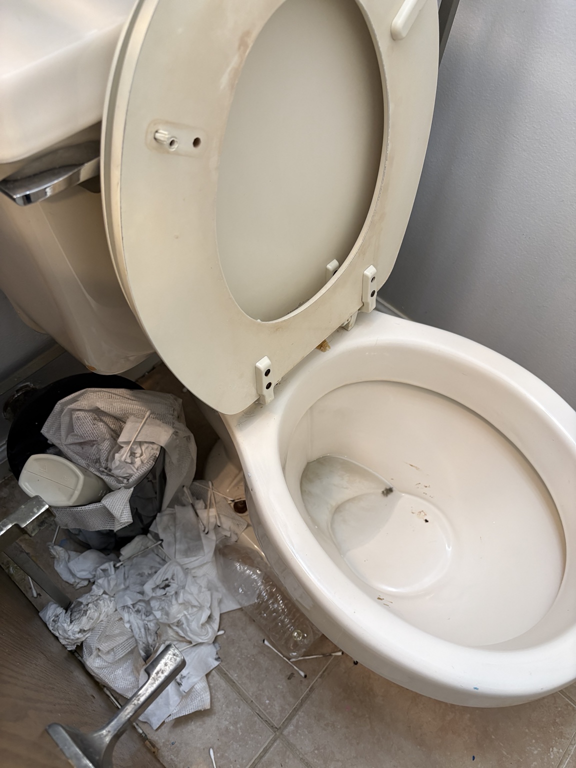 Before neglected bathroom toilet and surrounding floor cleaning